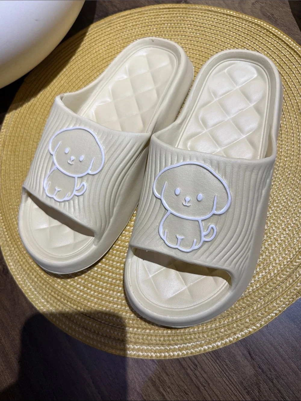 Kids Cream Slide Sandals with Puppy Design